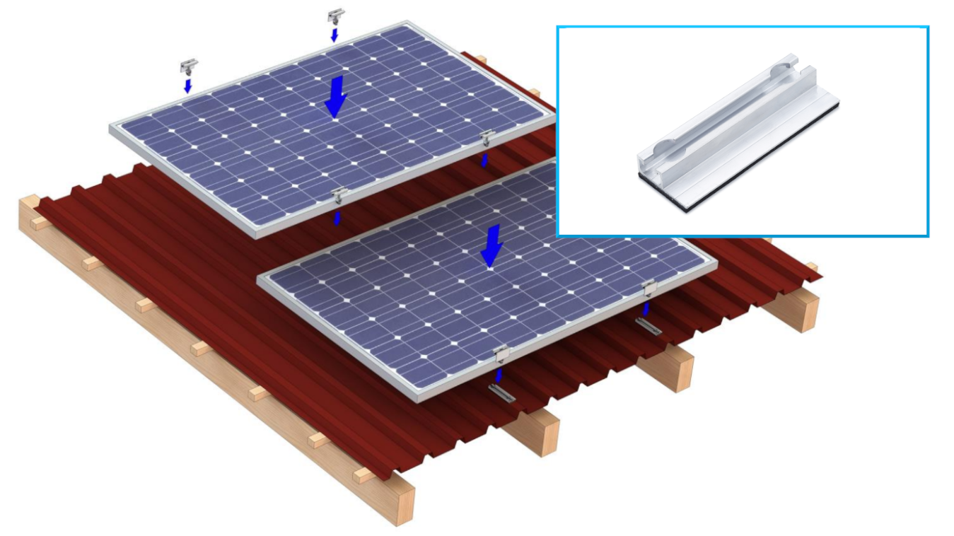 Photovoltaik Montageset | TrapezFix Pro | Hochsicken-Kurzschienen flach (Länge 12 cm / 1,4 cm hoch)